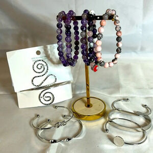 10 Bracelets/1 Arm Cuff. Amethyst Beads-Elastic. Silver Tone Steel Cuffs. NWT